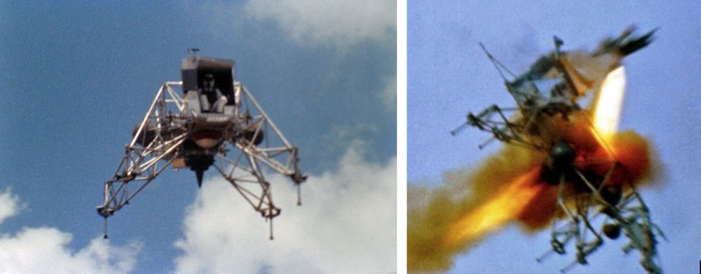 Armstrong flew the LLTV, the oddly designing training craft for the lunar landing flights, 27 times, and barely escaped a crash.